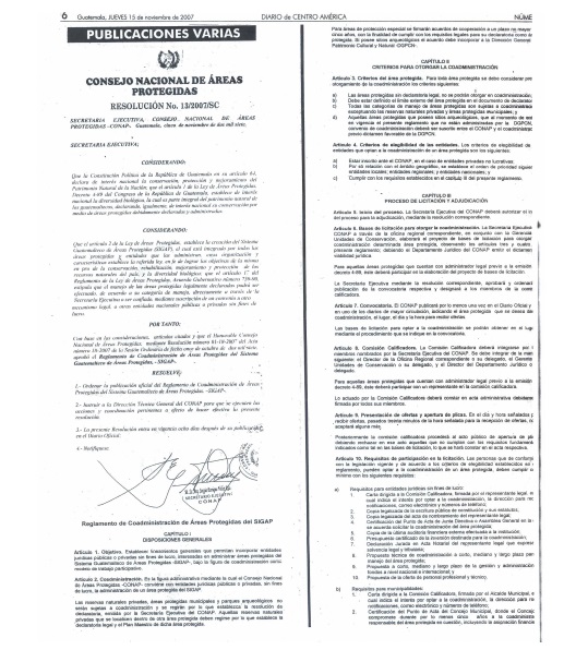 Reglamento de Coadministración de Áreas Protegidas del Sistema Guatemalteco de Áreas Protegidas -SIGAP-. Resolución Número 13/2007/SC